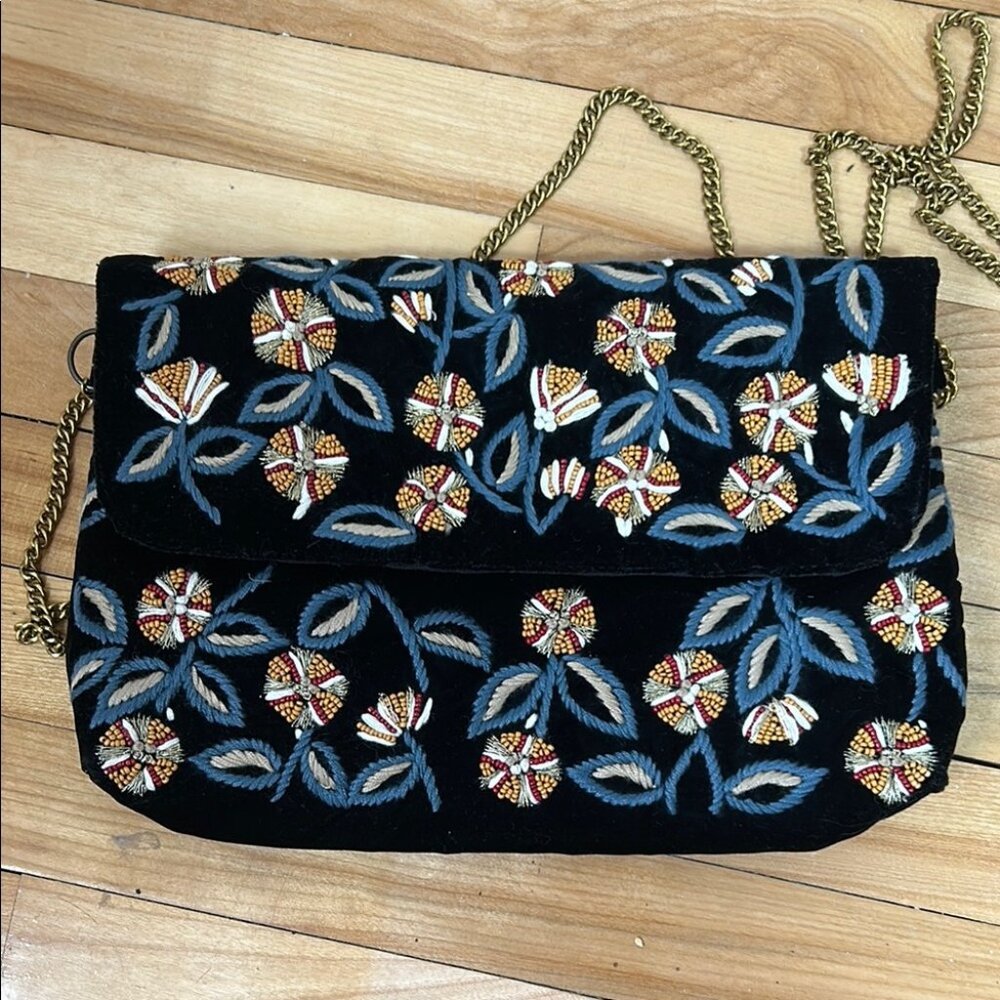 Floral embroidered velvet mini bag pouch chain